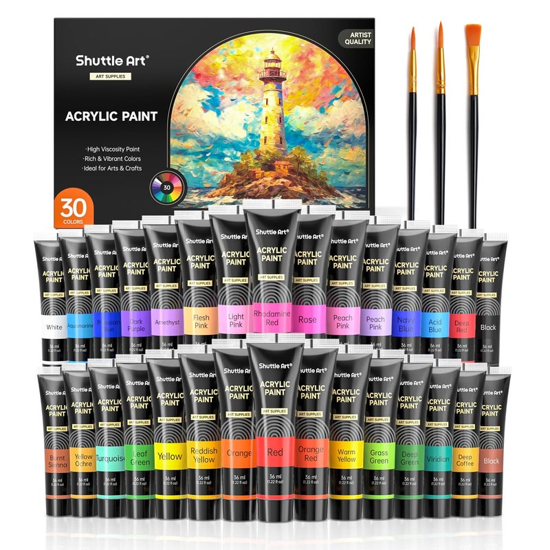 Shuttle Art مجموعة ألوان أكريليك شاتل آرت 30 لون، أنابيب 36 مل مع 3 فرش، طلاء أكريليك بدرجة فنية، للأطفال والبالغين والمبتدئين، للرسم على الحرف، القماش، الخشب، والصخور - Image 1